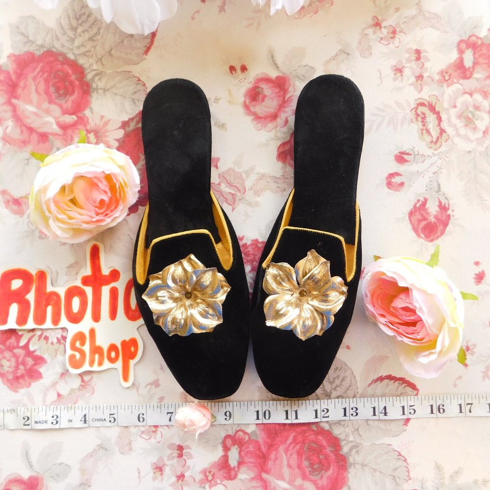 Vintage Black Velvet Mules With a Gold Flower